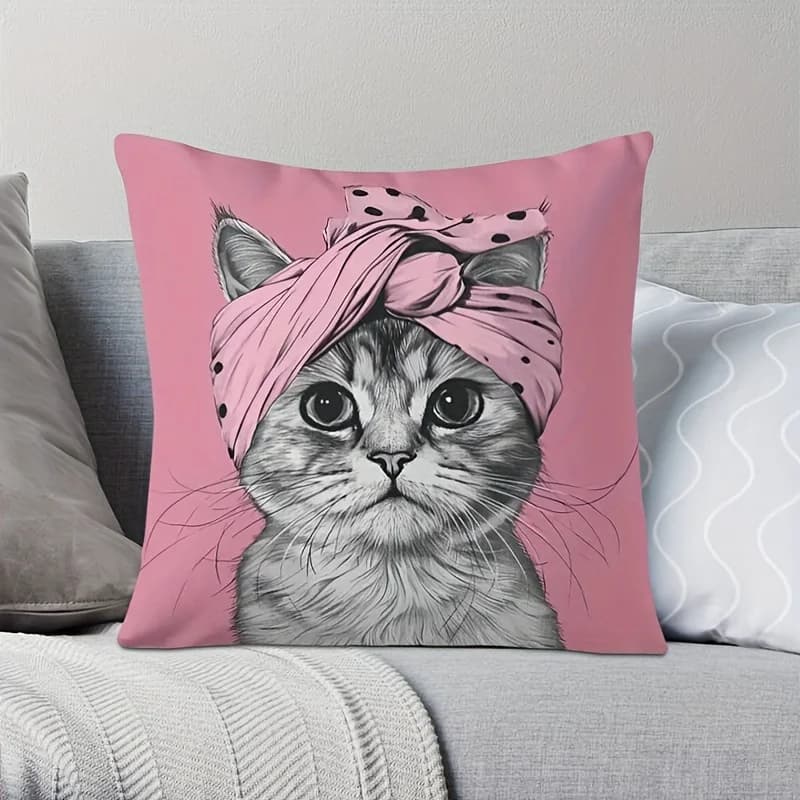 Pillow case with pink cat headboard, decorative cushion lining with print on both sides for sofa, bedroom, without pillow insert