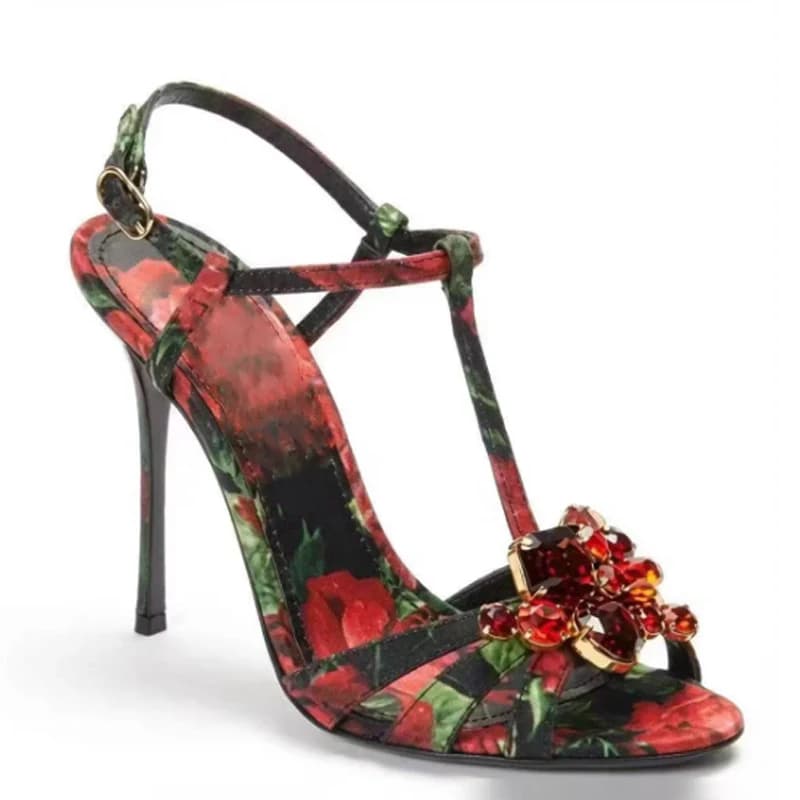 Sandali Donna con Stampa Floreale a Rose e Cristalli, Tacco a Spillo, Estivi 2026, Open Toe, con Cinturino a T e Slingback, Scarpe da Festa con Tacco Alto
