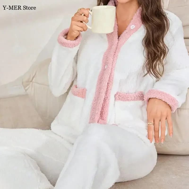 Caldo pigiama in pile corallo autunno inverno nuovo abbigliamento per la casa a maniche lunghe con tasca 2 pezzi pantaloni completo pigiama morbido pigiama