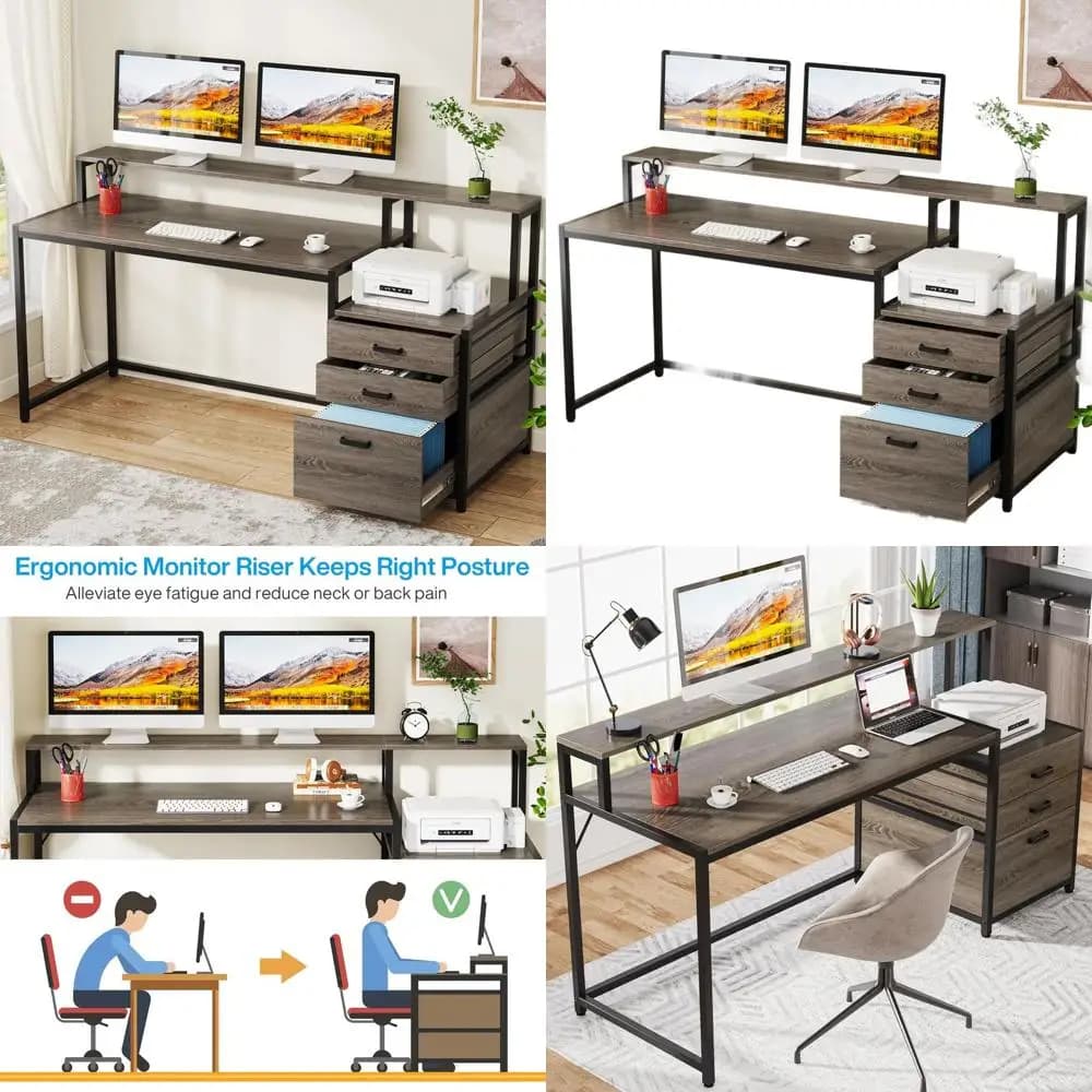 Scrivania per computer da 63 pollici con cassettiera per documenti, scrivania da ufficio ergonomica con supporto per monitor, tavolo per computer industriale con stampante