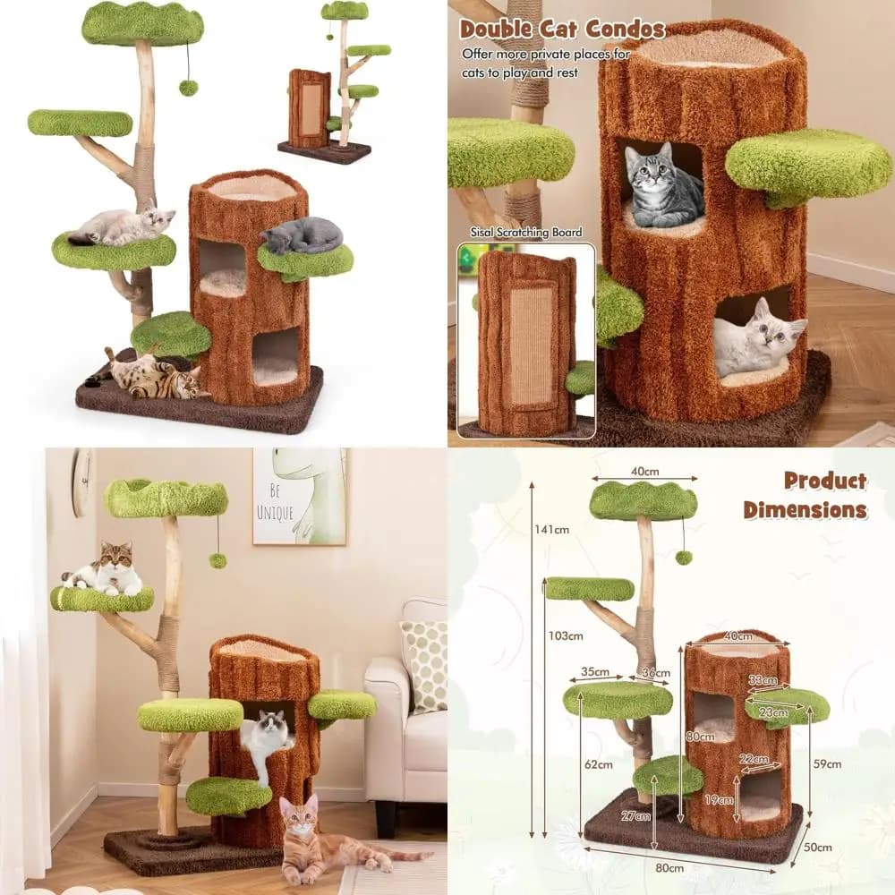 Torre per Gatti in Legno a 55 Livelli con Cuccia a Doppio Piano, Tiragraffi, Tavola in Sisal, Piattaforme Imbottite e Giocattoli Sospesi