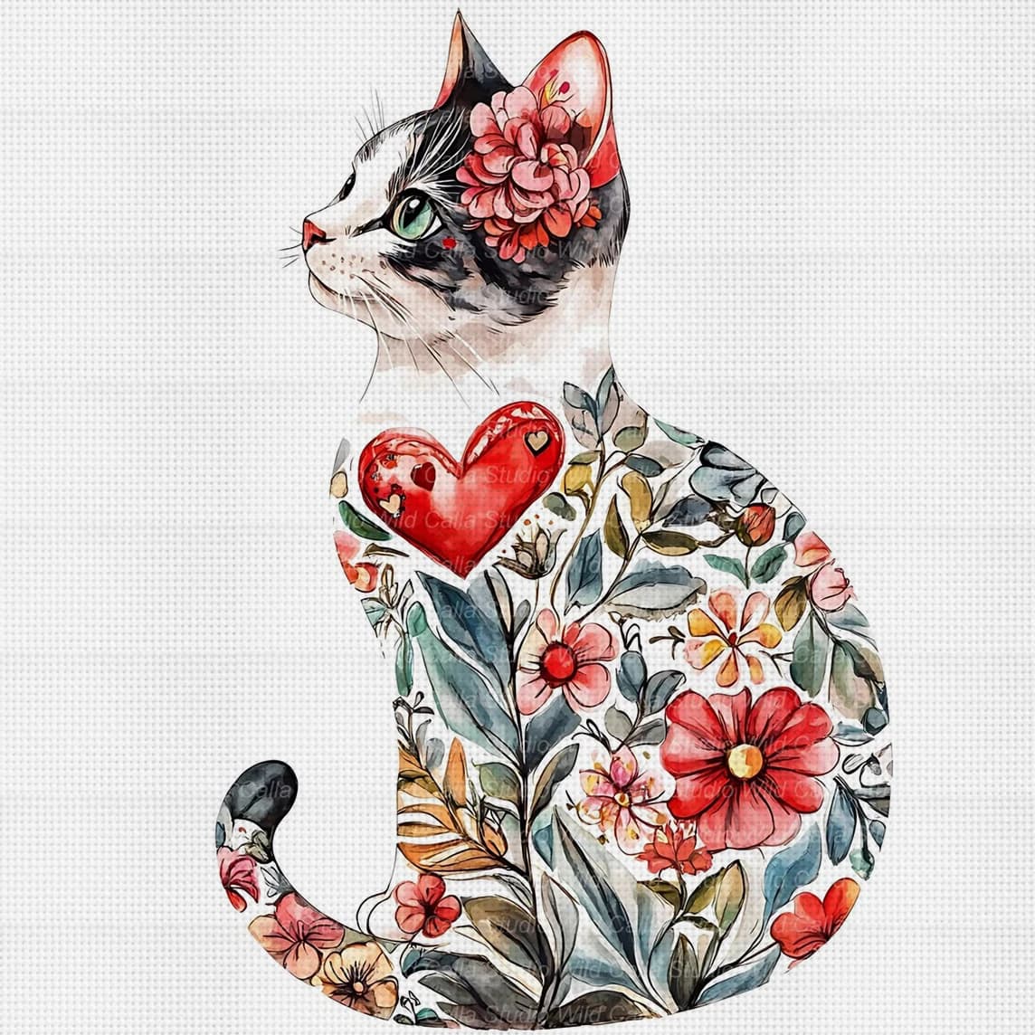Kit Punto Croce Gatto e Fiori Fai da Te 11CT Ricamo Decorazione Murale Casa Regalo Materiale Fatto a Mano Senza Cornice Semilavorato 36×36cm