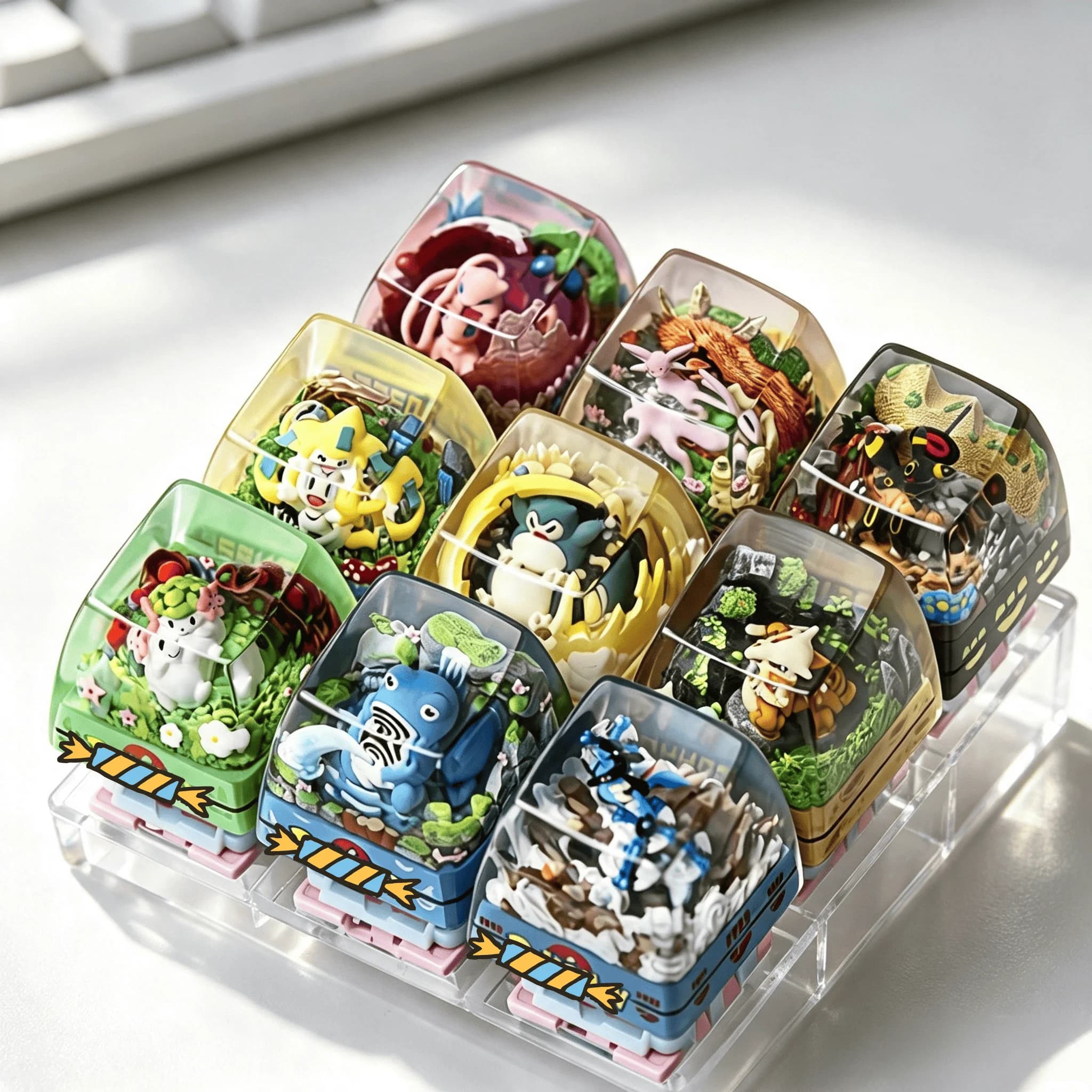 PTCG Pokemon Transparent Resin Keycap Stereoscopic Artisan Key Cap for Mechanical Keyboard Slowpoke Piplup Snorlax Meowth Eevee