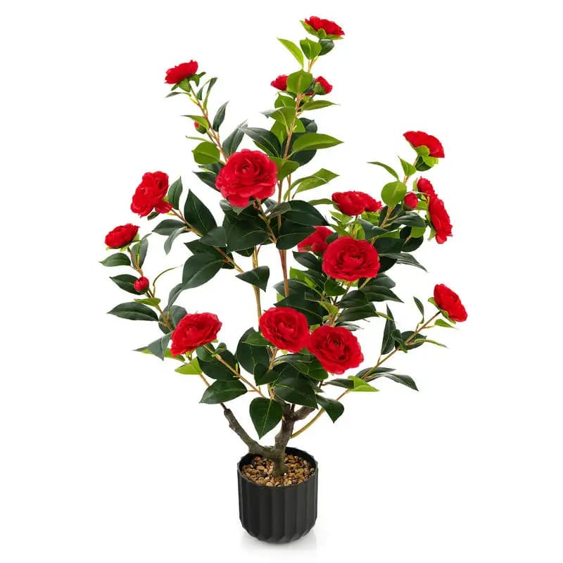 Albero di Camelia Artificiale da 38 Pollici in Vaso di Cemento - Rosso