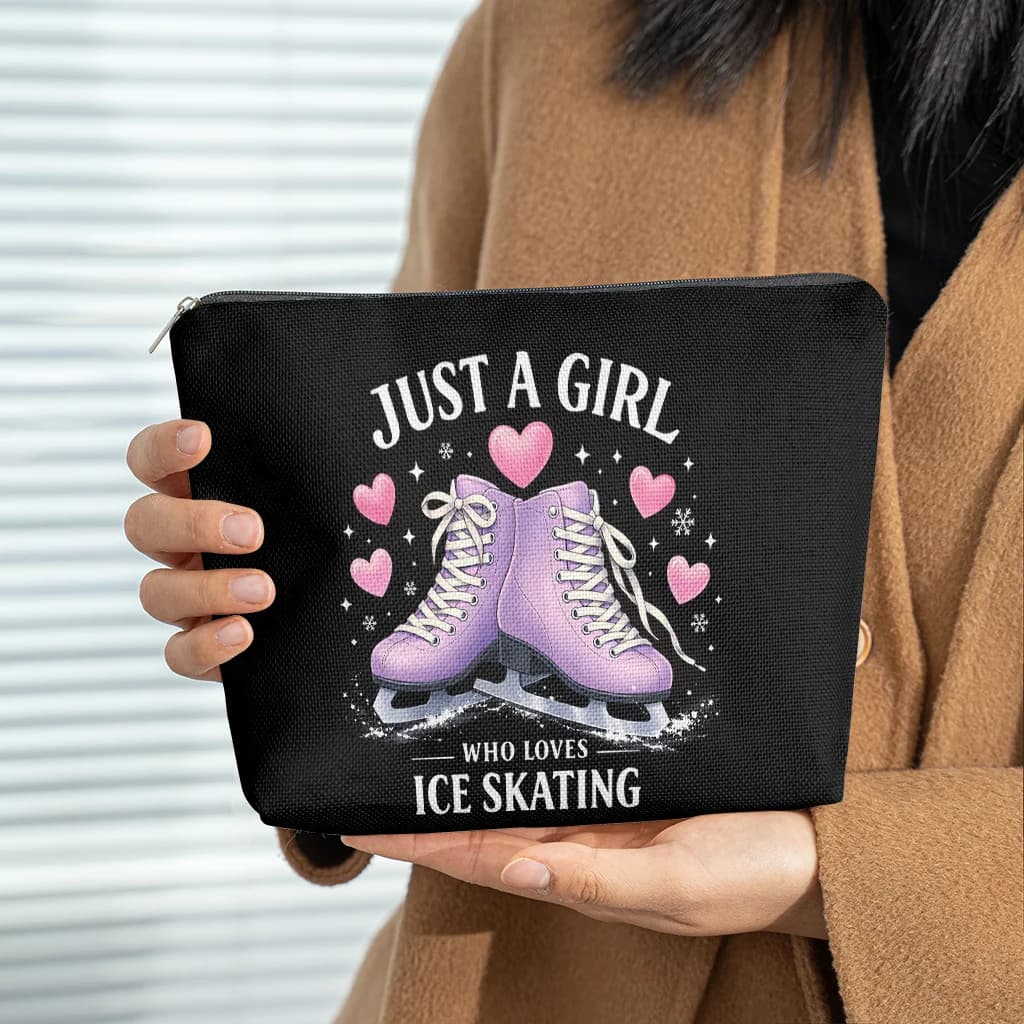 Borsa per cosmetici Girl Loves Ice Skating Borsa per cosmetici in lino Borsa per cosmetici leggera con cerniera per donna Multifunzionale Toi