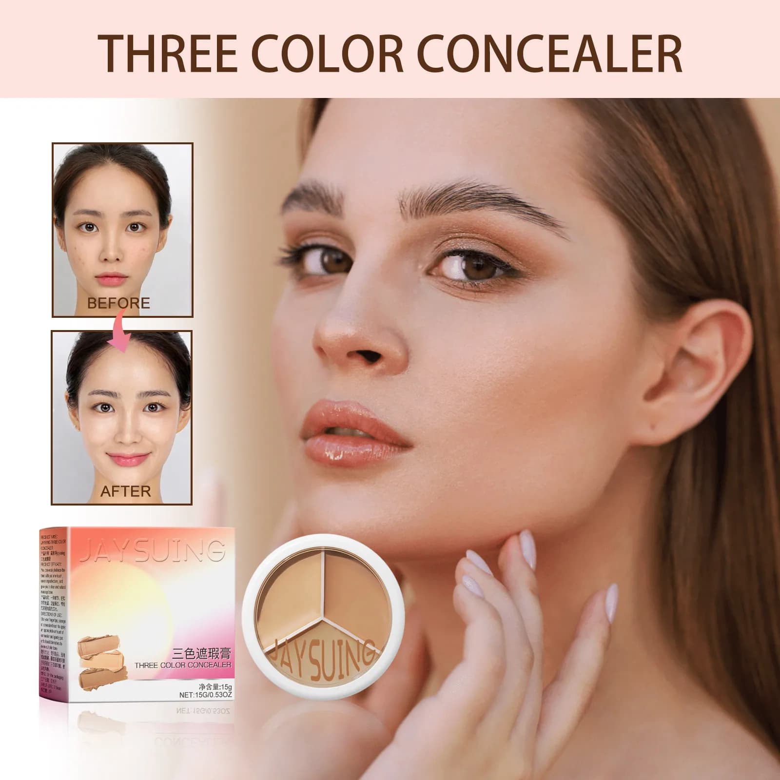Jay release 3 colors concealer cream cover complete acne spot eyesaie contour corrector palette with moisturizing cosmetic brush