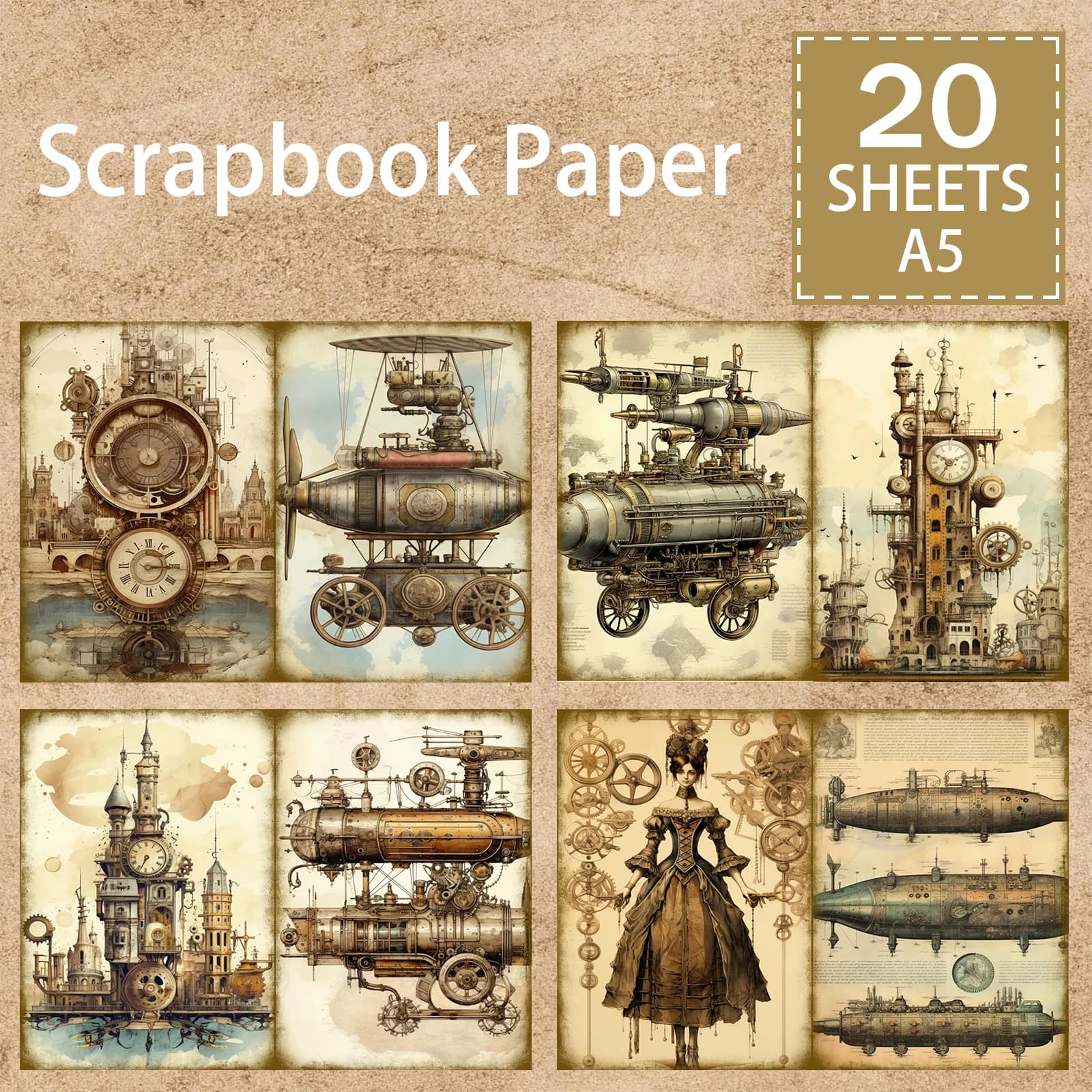 20 Sheets A5 Size Retro Steampunk Mechanical Gear Clock Airship Background Vintage Grunge Journal Planning Scrapbooking