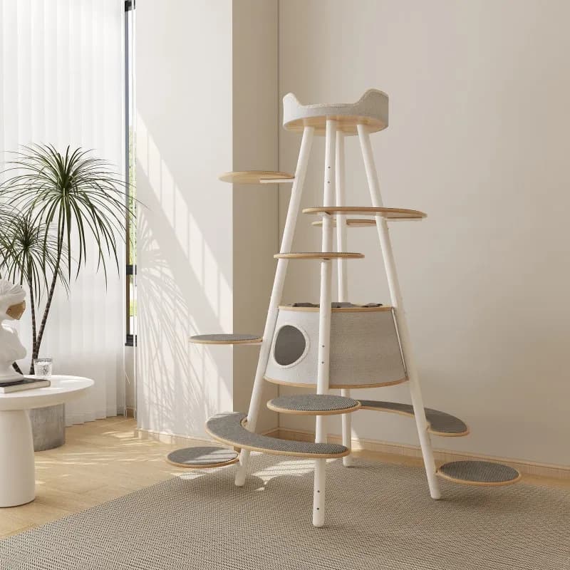 Hot-selling classic modern large rubber wood environmentally friendly cat tree house iron frame indoor four-layer durable