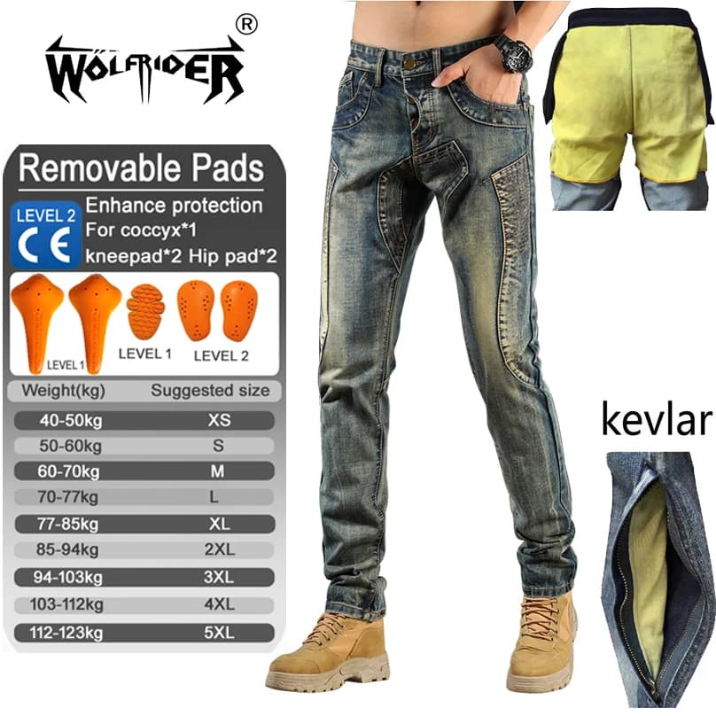 WOLFRIDER Jeans da Moto per Uomo con Protezione Ginocchia in Aramide Kevlar, Pantaloni Protettivi per Touring e Motocross
