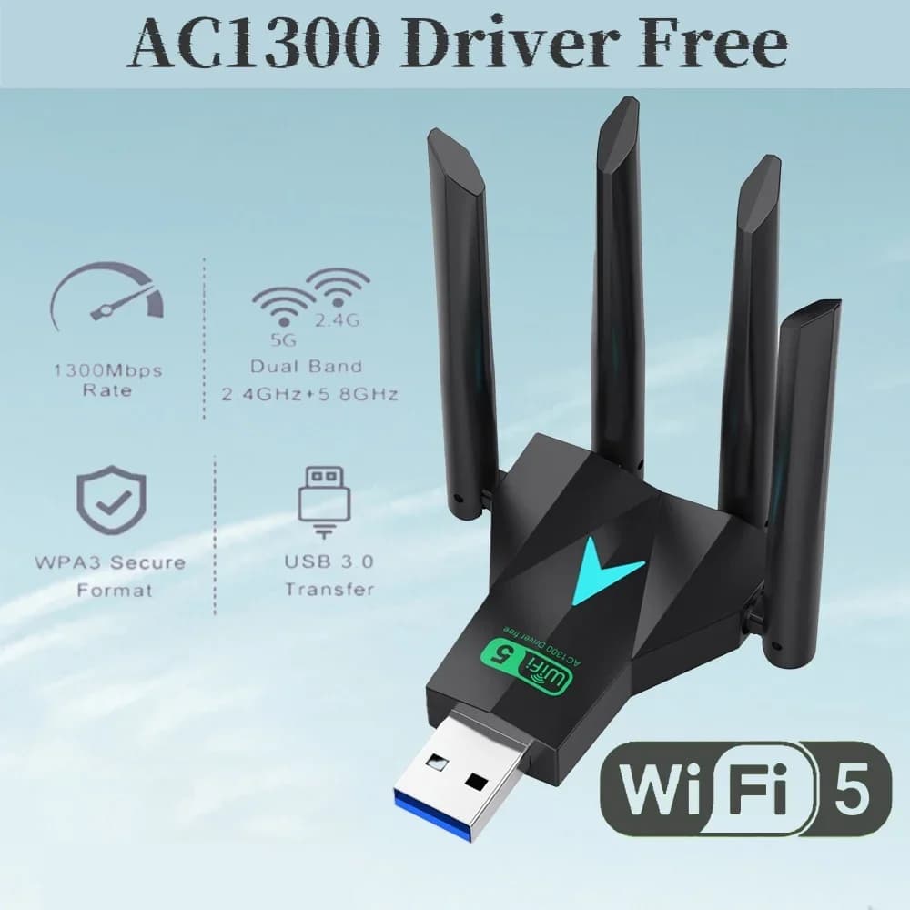 Adattatore USB WiFi 1300Mbps 2.4G/5Ghz Dual Band USB3.0 Dongle Wi-Fi 802.11AC Ricevitore wireless a 4 antenne per PC/Driver portatile gratuito