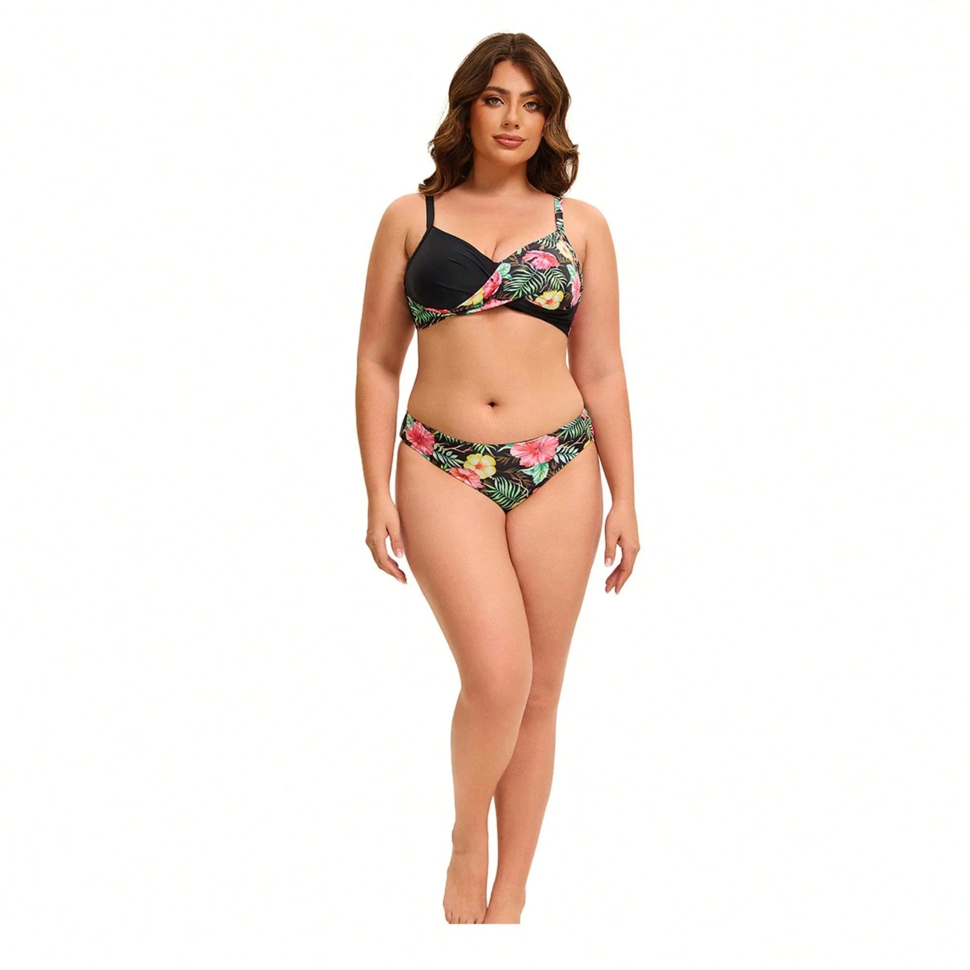 Costume da bagno due pezzi con stampa floreale tropicale taglie forti da donna, bikini sexy senza maniche e senza schienale con controllo pancia