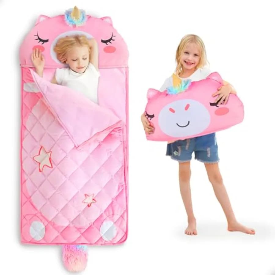 Sacco a pelo iPlay iLearn per bambini, tappetino per il pisolino 2 in 1 per bambine, rosa, con cuscino a forma di animale, coperta, ideale per viaggi, pigiama party e asilo nido