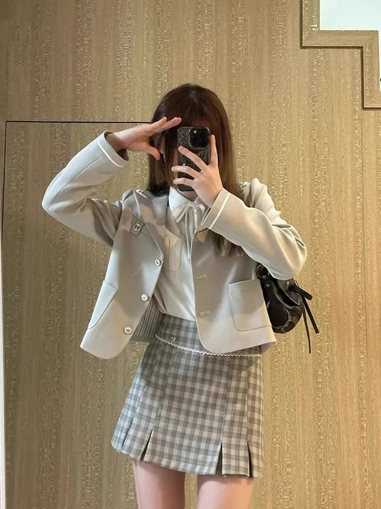 Korean Style Three Piece Suit Set Women's Blouse And Skirt College Style Coat Spring Fashion Ensemble Short Sleeve