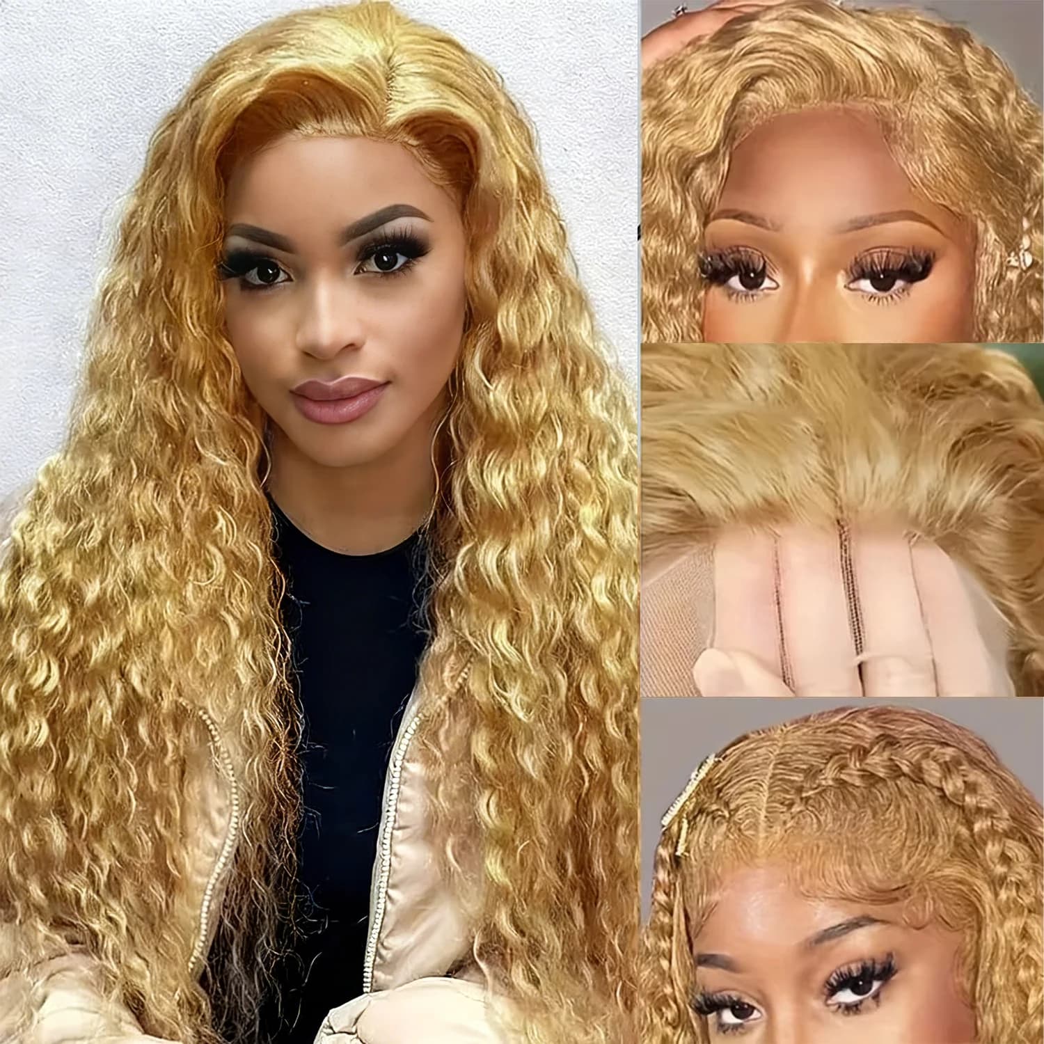 34 38 inch honey blonde wig Human hair Deep wave 13x6 frontal wig in lace HD 230 Delicate density # 27 Front wig in lace colored curly