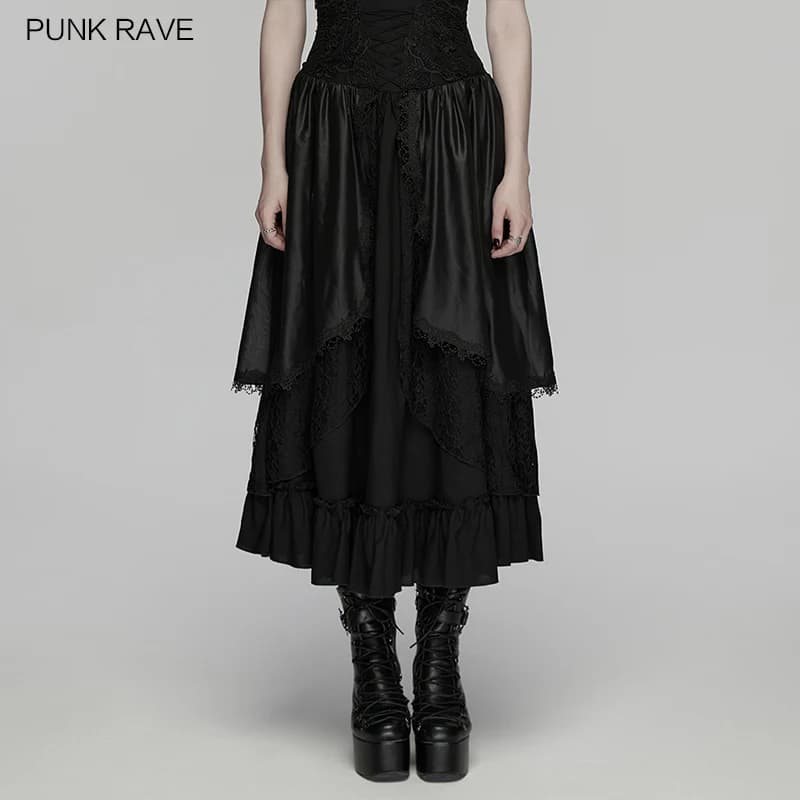 PUNK RAVE Gonna Lunga da Donna in Lino e Chiffon con Pieghe 3D, Stile Gotico Forestale, Multistrato Visivo, Fascino Artistico, per Feste e Club