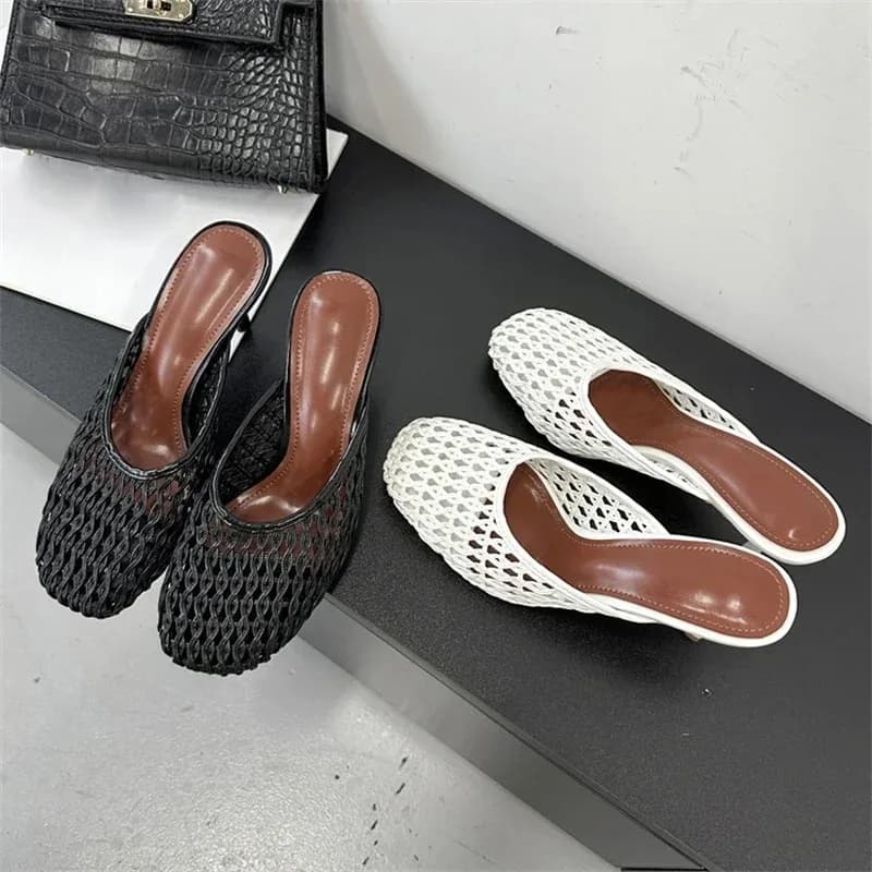 Women's Slippers Summer Hollow Out Breathable Mesh Slippers Fashion High Heels for Women Designer Thin Heels Party Dress Mules