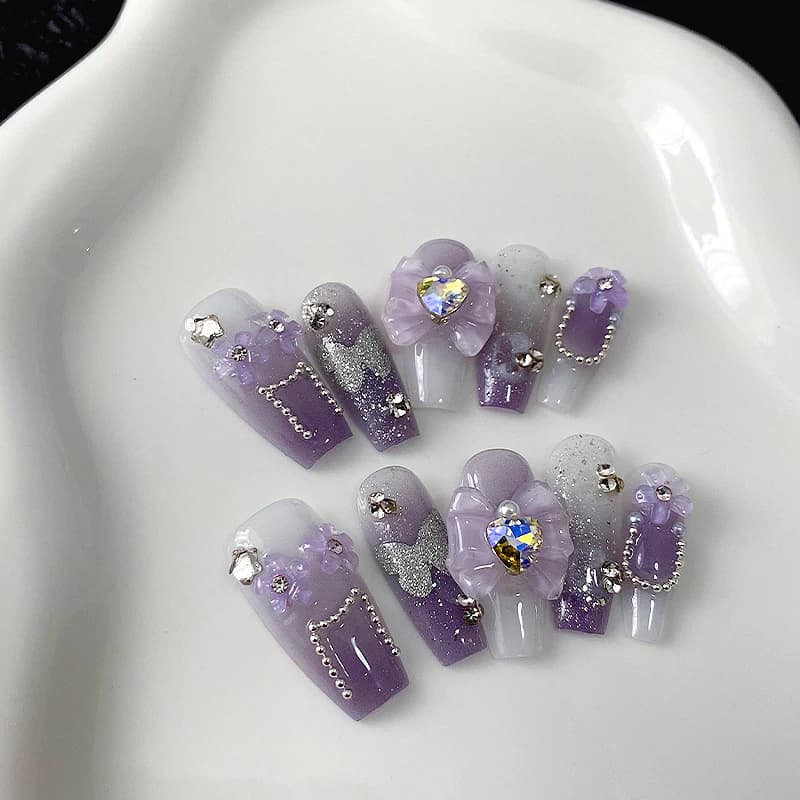 10 pezzi di nail art a forma di bara fatti a mano, bellissime unghie finte, romantica fata con diamanti viola, adatte per le donne.