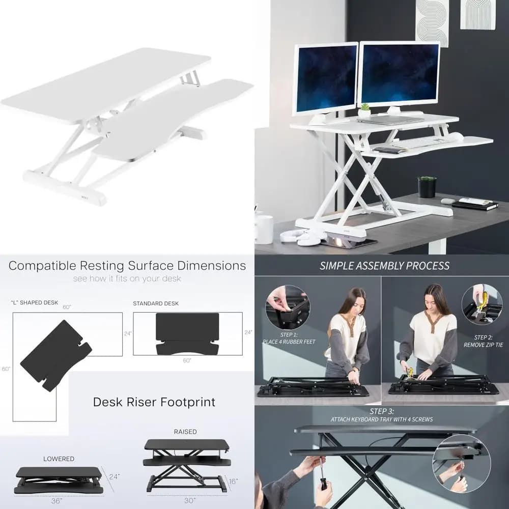 36 height adjustable desk converter, double monitor and laptop support with large keyboard shelf, white