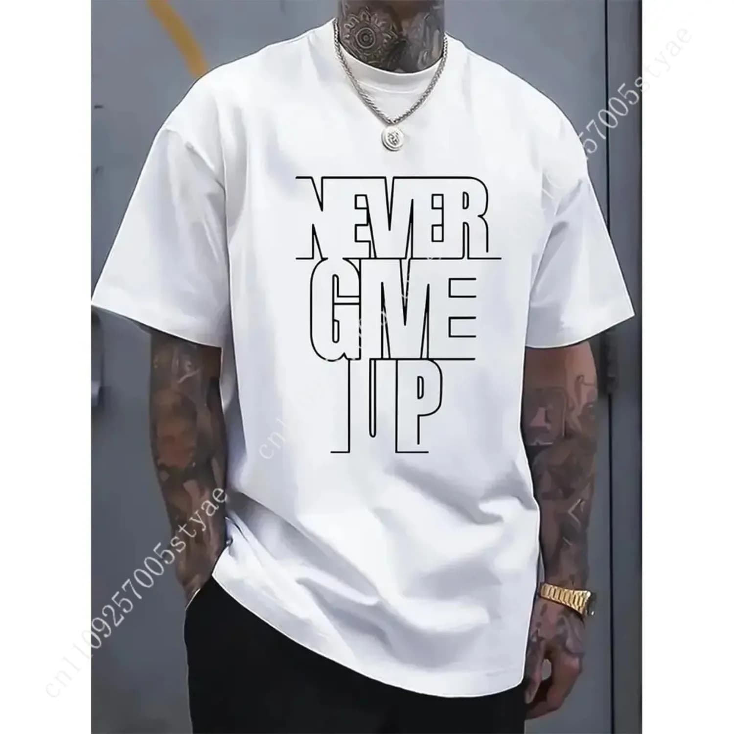 100% Cotton A Men'S Casual Cotton T-Shirt With The Words "Never Give Up" Printed On It - Crew Neck, Slight Elasticity, Knitted F