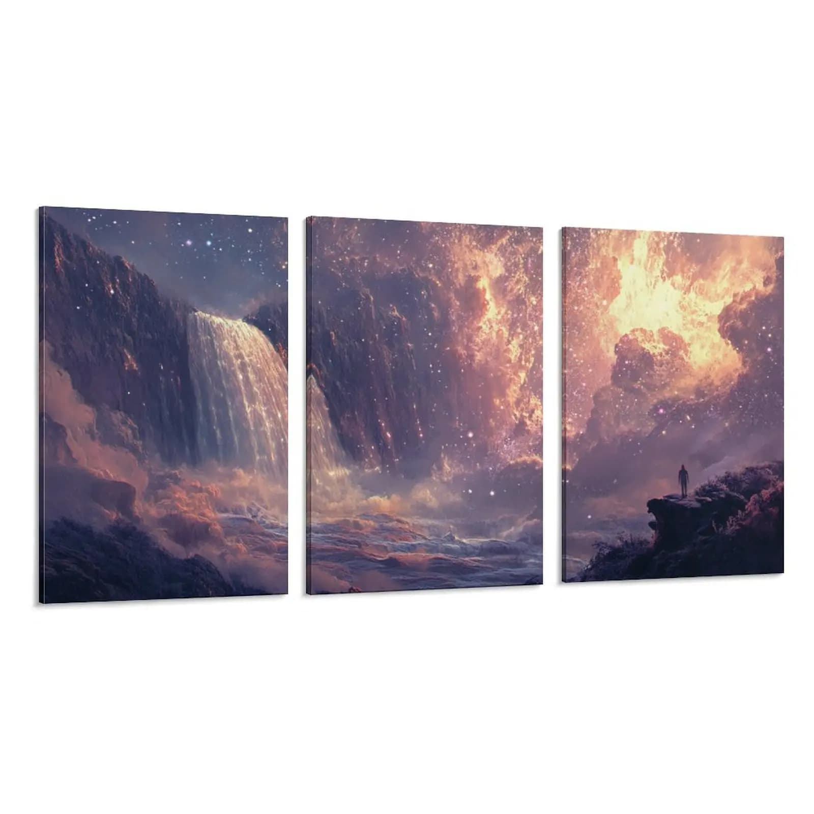 Set of 3 Paintings on Framed Frames, Fantastic Realistic Art with Starry Sky and Galactic Waterfall for Bedroom, Studio, Art Gallery