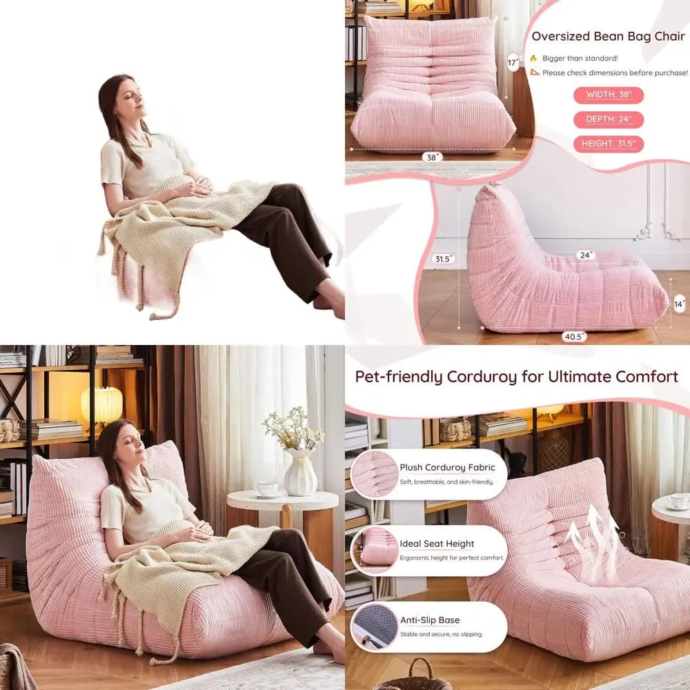 Poltrona a sacco in memory foam di grandi dimensioni per adulti - Divano pigro in velluto a coste per lettura, giochi, soggiorno, camera da letto, rosa