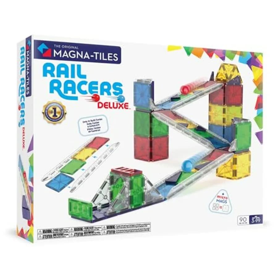 Magna-Tiles Rail Racers Deluxe, Set di Costruzioni Magnetiche da 90 Pezzi con Elementi in Plastica Colorata per Costruzioni Educative STEM