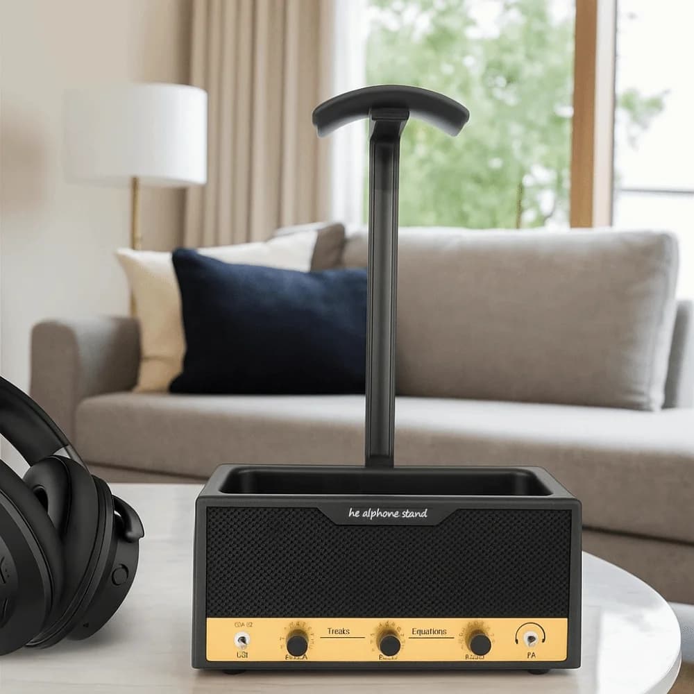 Metal Speaker Earphone Display Stand Wide Curved Design Space Saving Gaming Headset Holder with Supporting Bar Decorative