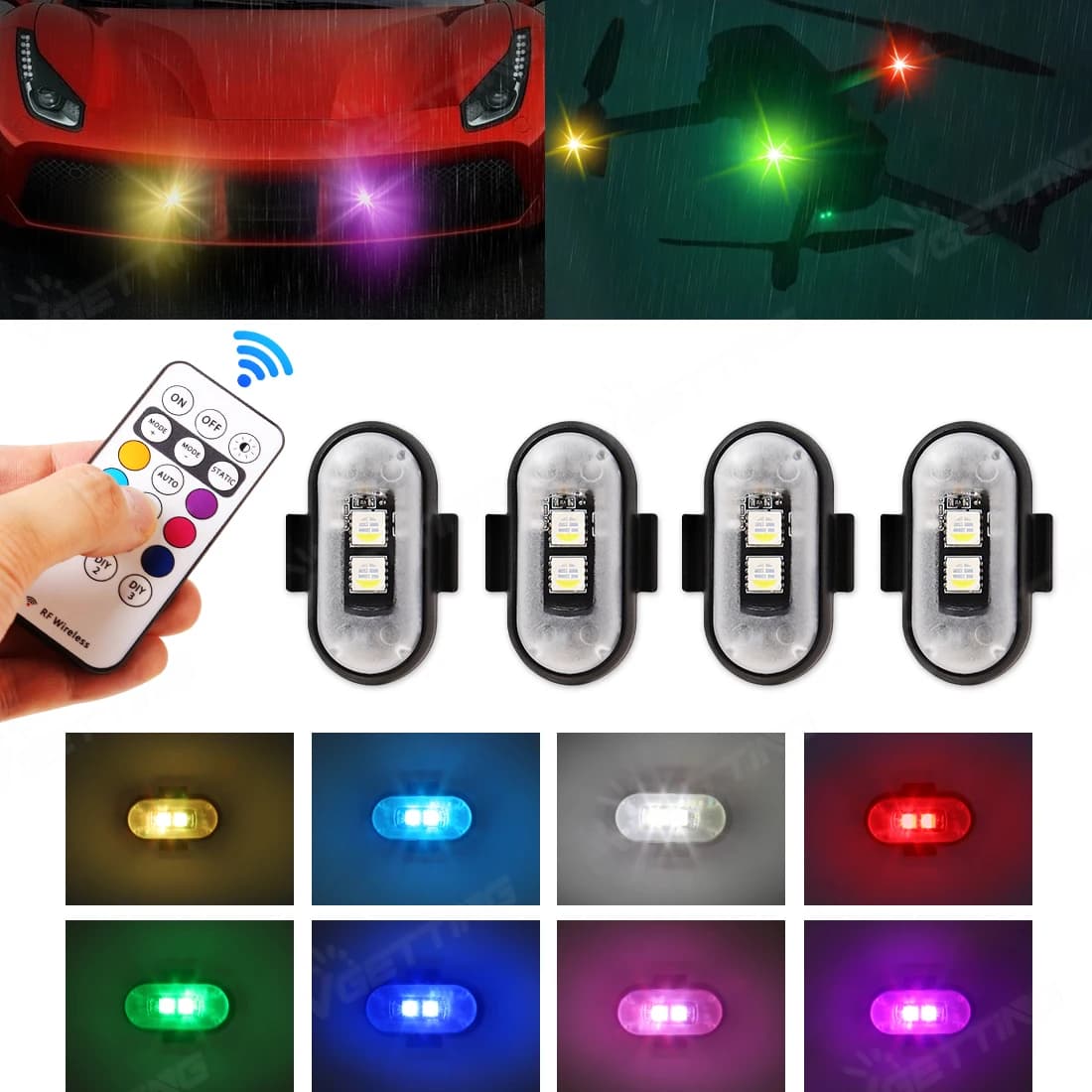 4 pcs mini drone stroboscopic light 8 colors USB charging LED wireless indicator lamp anti-collision for bike truck