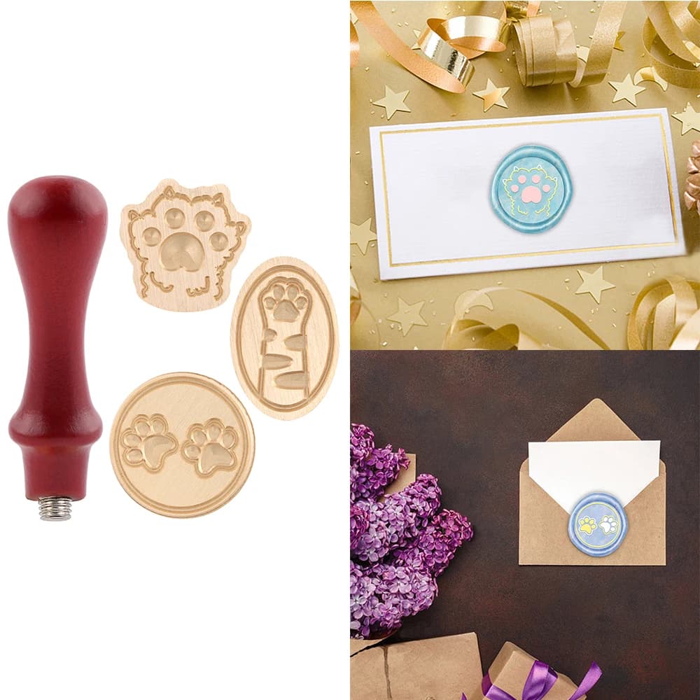 3pcs Different Cat Paw Wax Seal Stamp Heads with 1pc Wood Handle Kit for DIY Children's Day Holiday Inviation Scrapbooking Card