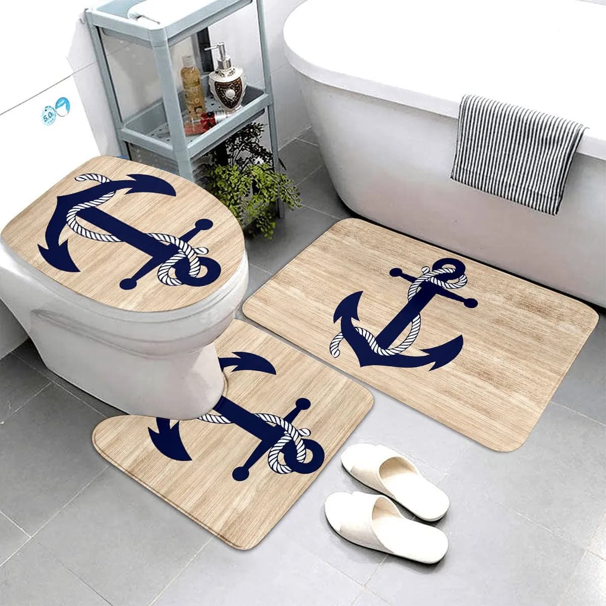 Set di 3 Tappeti da Bagno a Tema Nautico con Ancora, Tappetino Antiscivolo a Forma di U e Copriwater, Lavabili