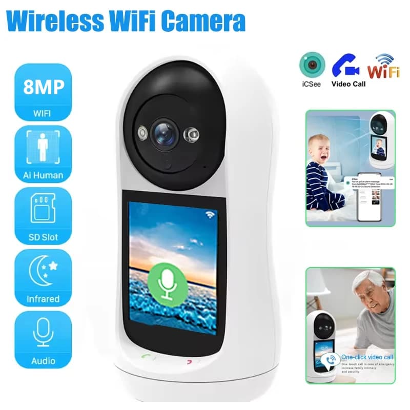 Videocamera Wi-Fi da 8 MP Videochiamata con schermo IPS da 2,8 pollici Rilevamento del suono del pianto di bambino Sicurezza Telecamera IP PTZ da 32-256 GB Baby Monitor iCSee