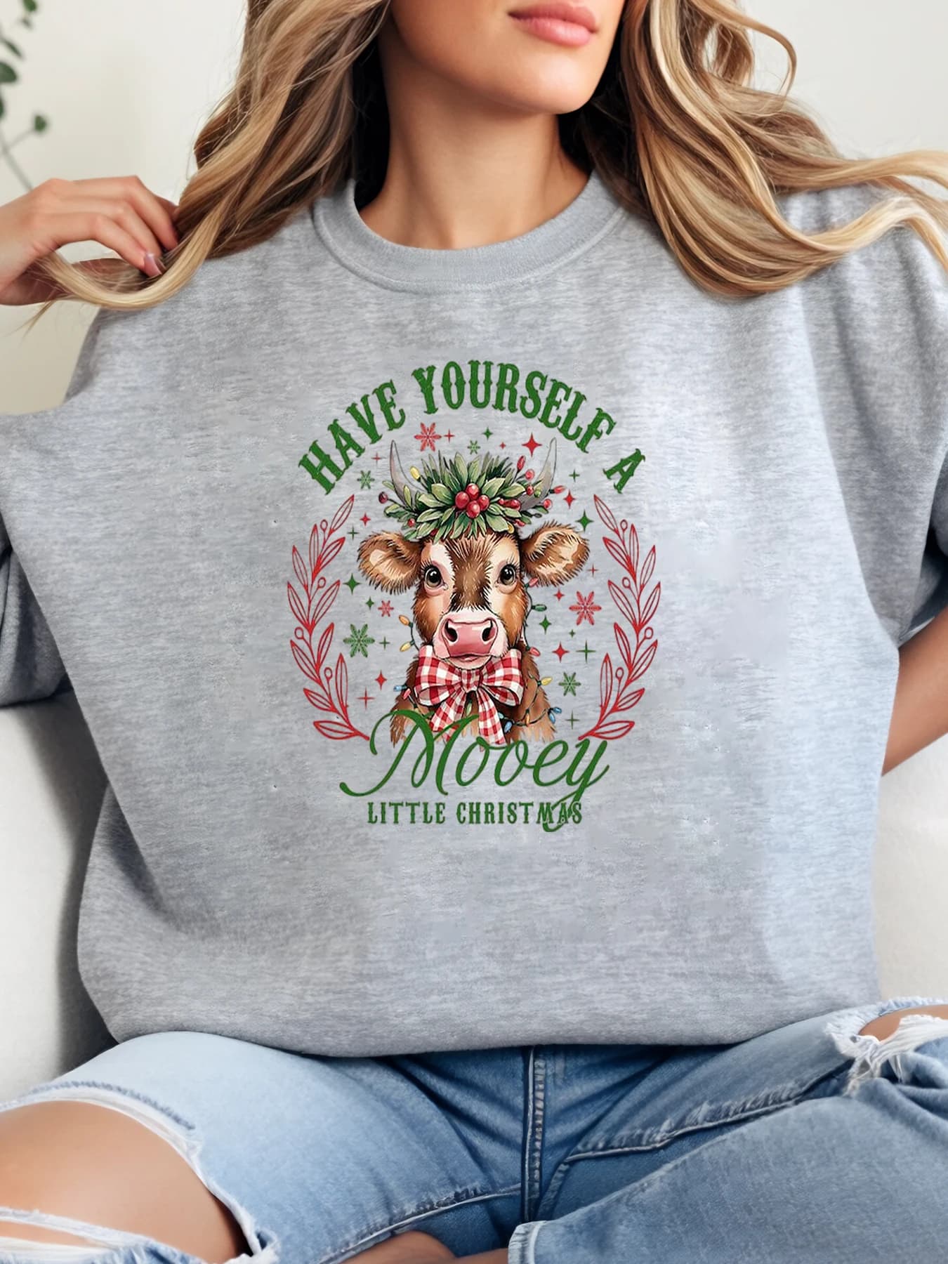 Mooey Cow Christmas Tree Gift Print Christmas Sweatshirt Woman Casual Winter Feast Grey Plus Size