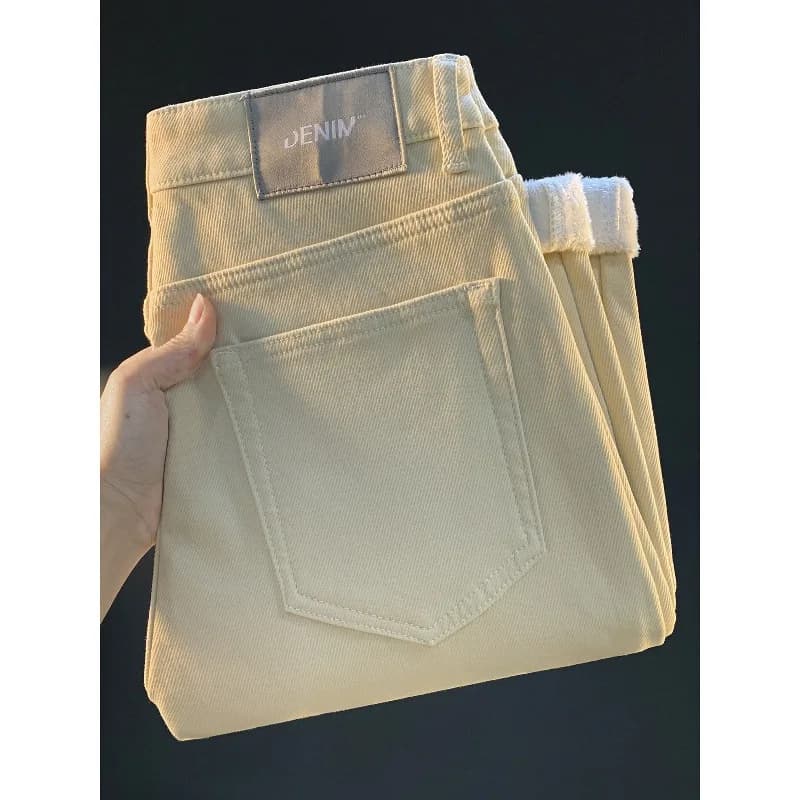 Fleece-Lined Thickened Jeans Men Winter Trendy New Small Straight Leg Stretch Warm Thick Casual High-End Men's Pants