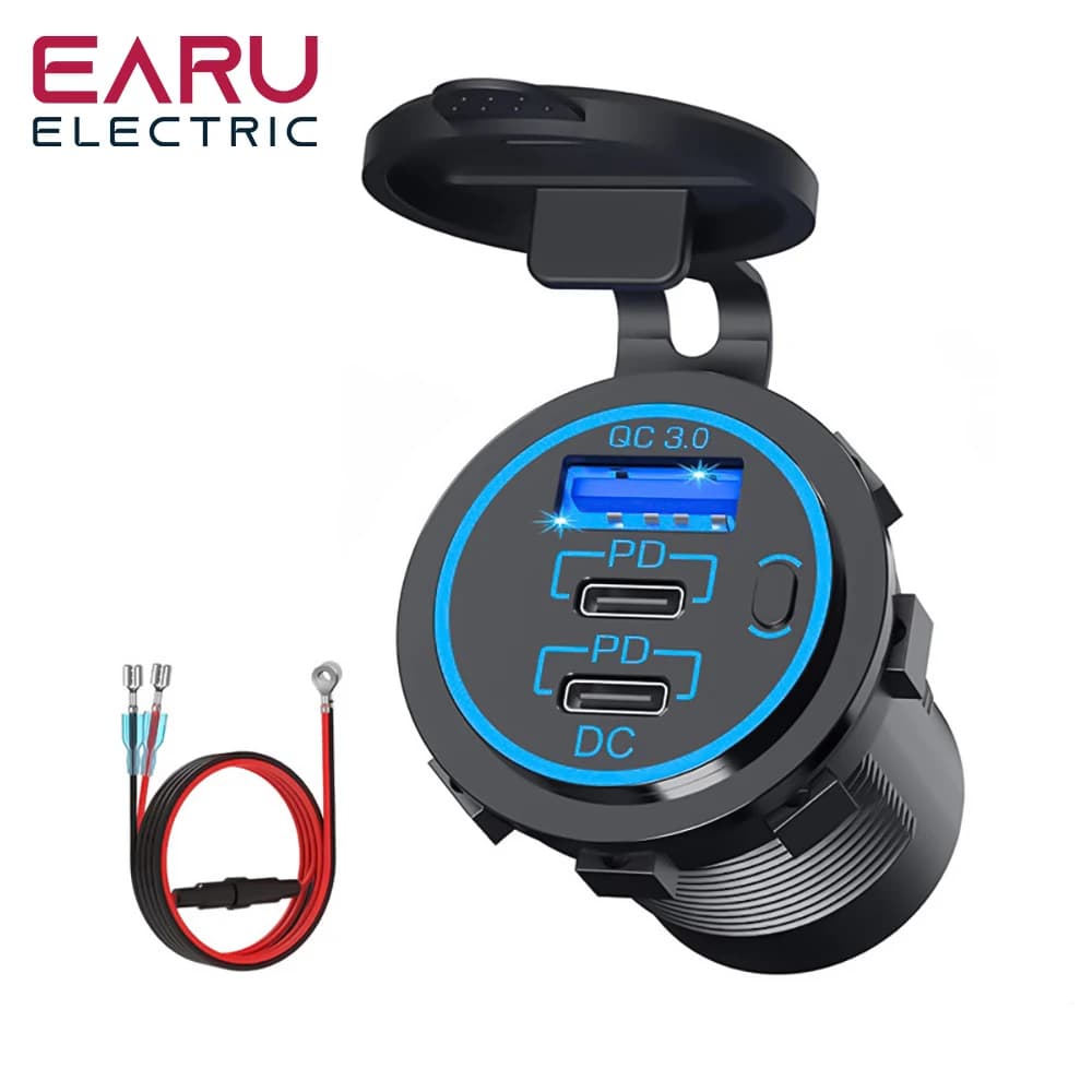 Car Charger Socket PD3.0 & QC3.0 Double USB C Ports Waterproof with LED Touch Switch 78W Fast Charging 12V/24V For Moto Adapter