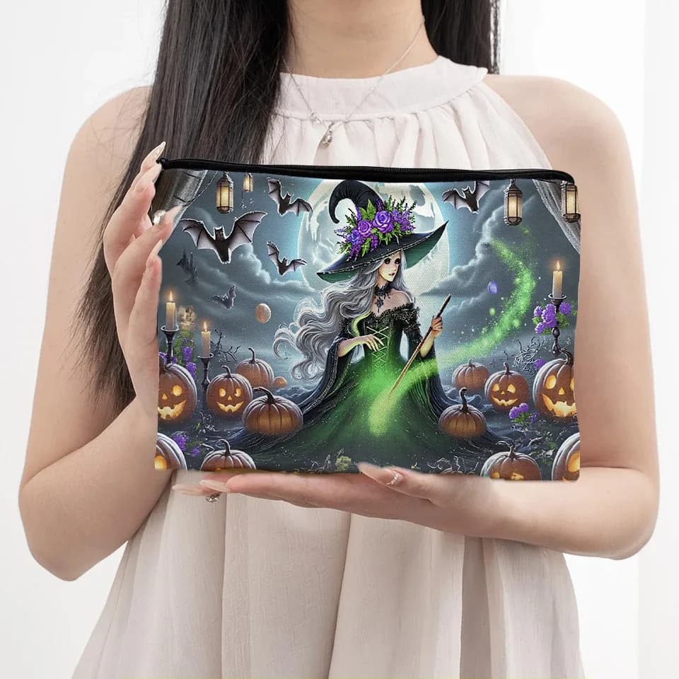 Halloween Witch Cosmetic Bag Pumpkin Bat Moon Print Zipper Makeup Pouch Women Travel Toiletry Storage Organizer Bag