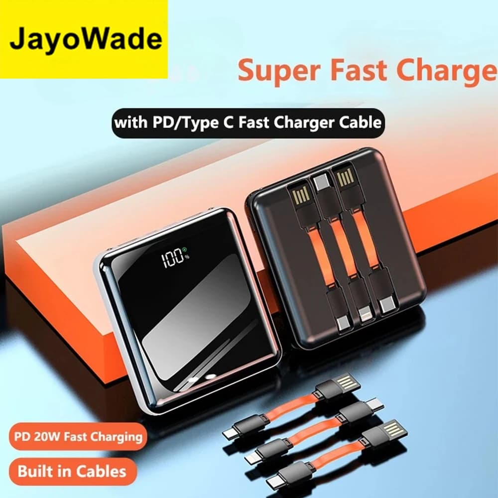 JayoWade Piccolo Mini Power Bank Cavo da 20000 mAh Caricatore portatile a ricarica rapida per iPhone 16 15 14 Samsung Huawei Xiaomi Powerbank