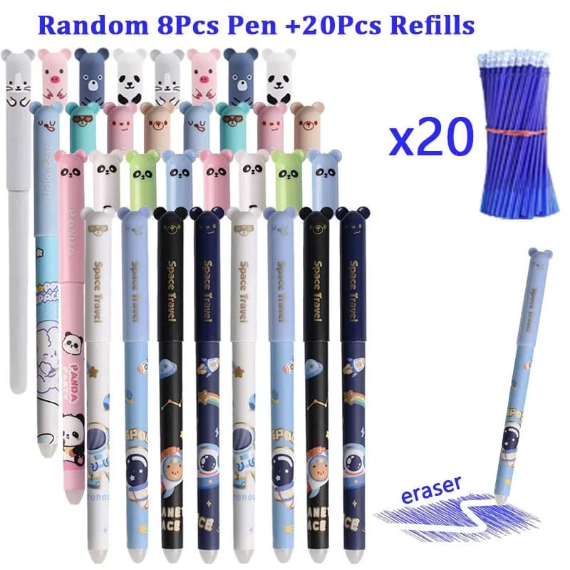 Set Completo di 28 Penne Cancellabili Serie Panda con Punta da 0,5mm e Inchiostro Blu per Scrittura, Ideali per Ufficio, Scuola e Casa