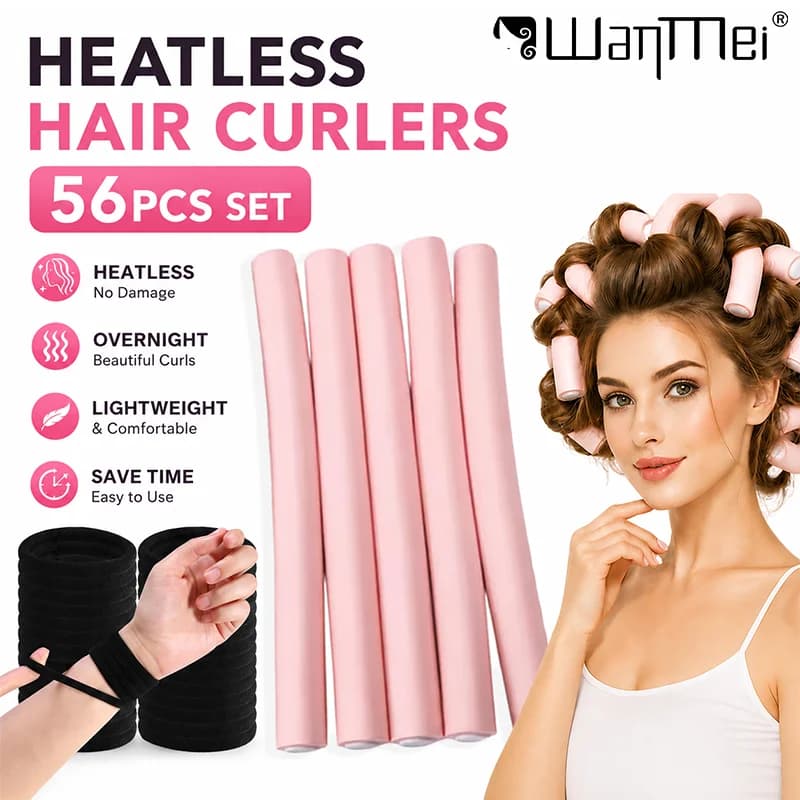 WANMEI 56pcs Heatless Hair Curlers with Hair Ties Soft Foam Hair Rollers Overnight No Heat Curling Rods DIY Hair Styling Tools