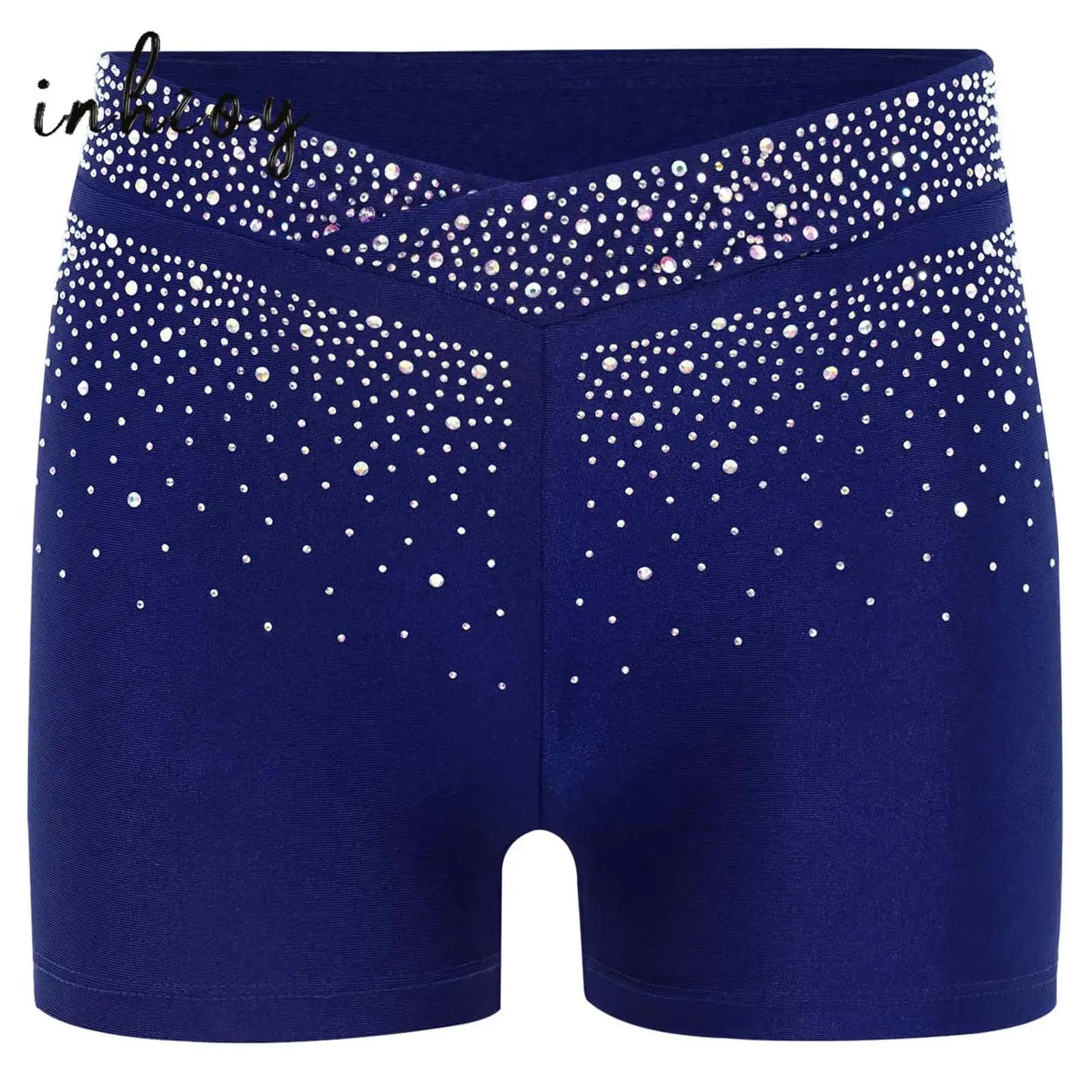 Pantaloncini elasticizzati sul davanti a V con strass scintillanti per danza di pattinaggio di figura per ragazze per spettacoli di danza classica di ginnastica di acrobazie