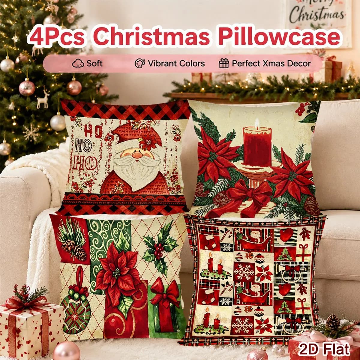 4pcs Merry Christmas Floral 2D Flat Pillowcase Santa Claus Printed Polyester Pillow Cover Living Room Sofa Xmas Party Decor