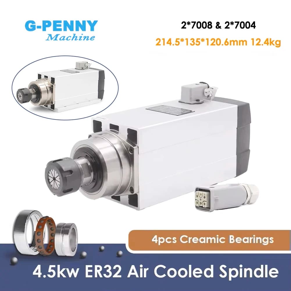 Motore Mandrino G-Penny 4.5kw ER32 Raffreddato ad Aria 220v/380v, Mandrino Quadrato con Cuscinetti a Sfera in Ceramica 0.01mm per Fresatura e Incisione CNC del Legno