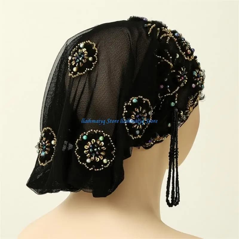 573B Cappello turbante Musulmani islamici Berretto Hijab Berretti Copricapo in pizzo con perline Copricapo chemio