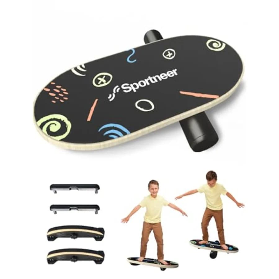 Tavola Oscillante in Legno per Bambini 3-5 e 6-12 Anni, Allenatore di Equilibrio Sicuro e Robusto con Blocchi Semicircolari, Finitura in Legno Naturale