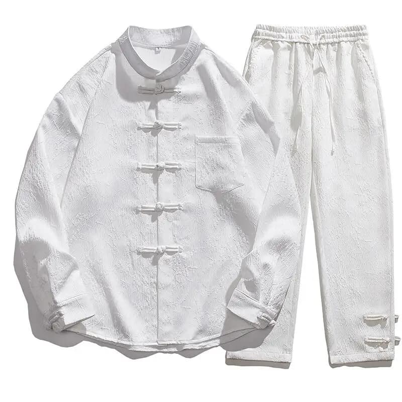 New Chinese Style Men's Long Sleeve Shirt Embroidered Button up Stand Collar Zen Style Zhongshan Suit Casual Sportswear Set