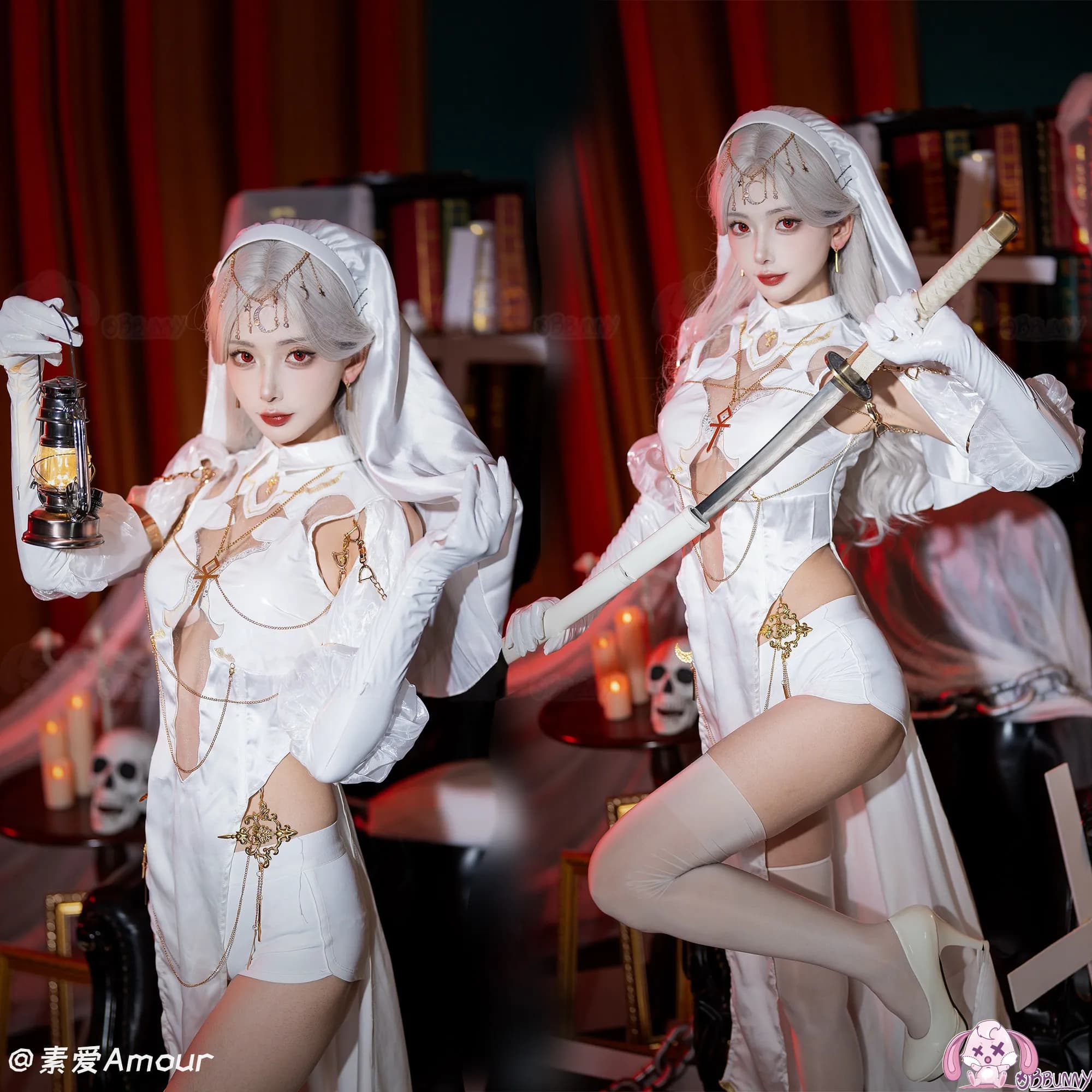 Nun Cosplay Costume Women Sexy Lingerie Set Hollowed Halter Dress and Veil with Thigh Socks and Earrings