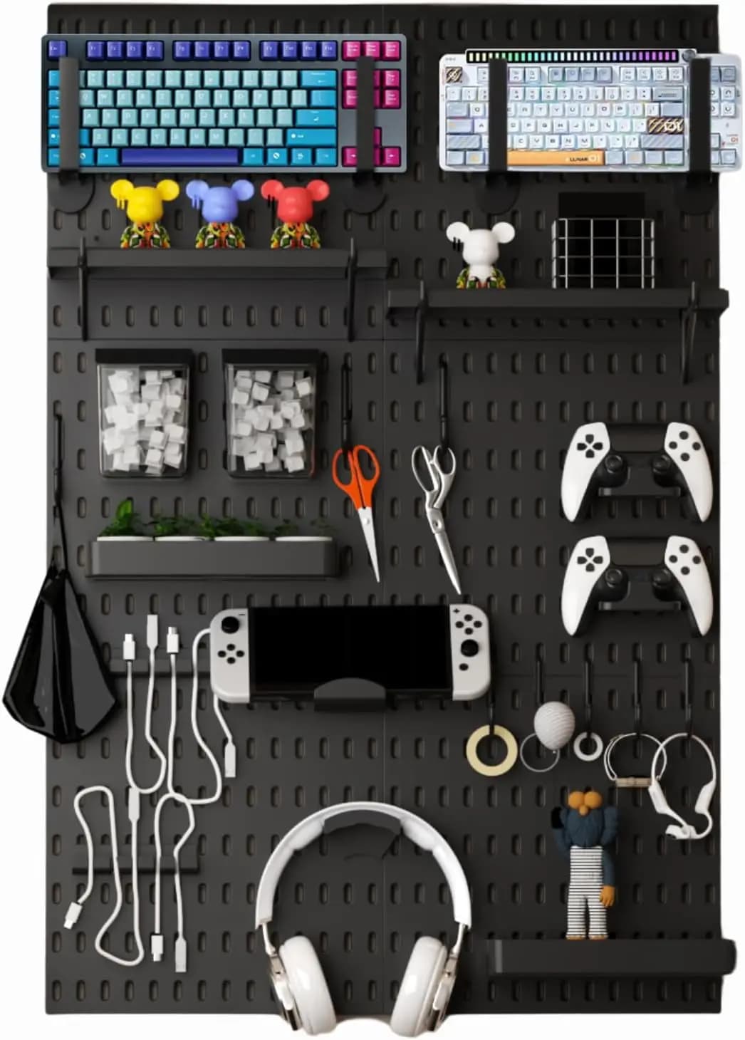 Modular Kit with Forged Panel for Setup Gaming, Wall Organizer with Accessories, Headphone Support and Controller Door (Black, 84x56 cm)