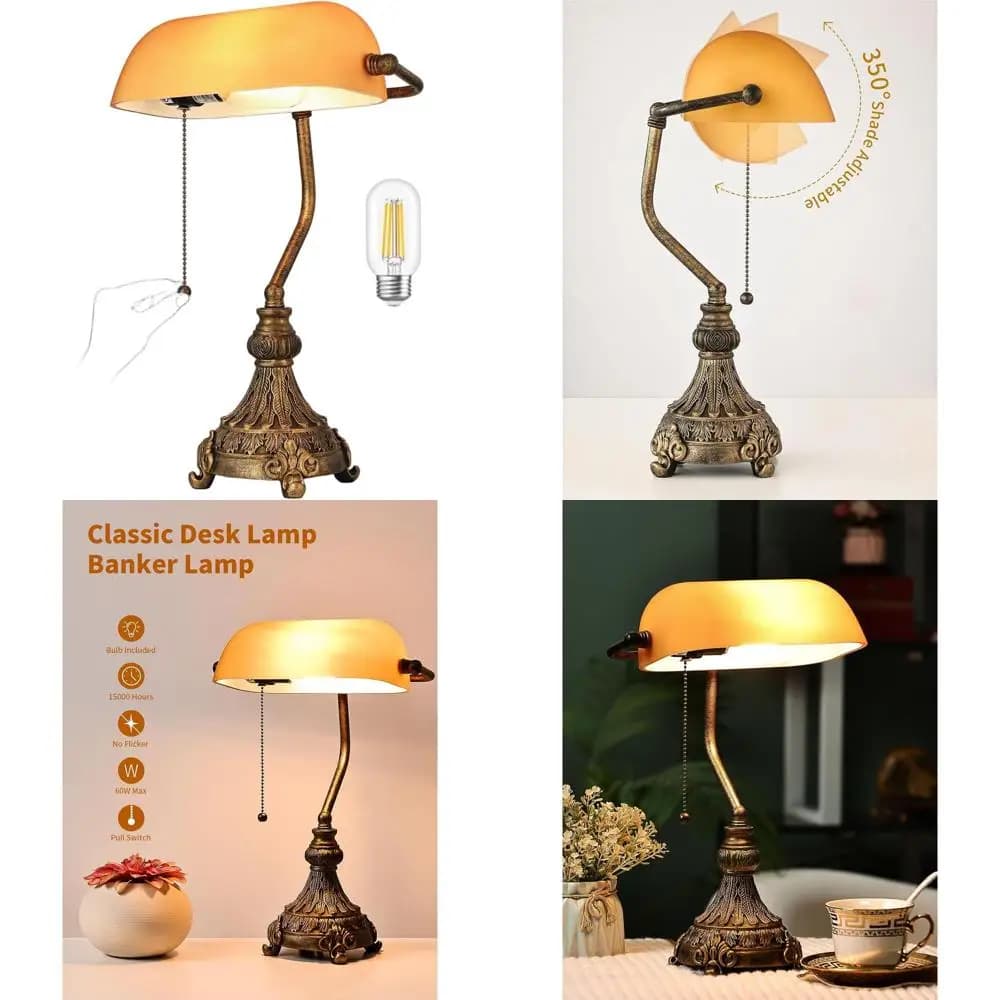 Lampada da Scrivania Vintage in Vetro Ambrato con Interruttore a Catenella, Lampadina LED Inclusa, Adatta per Casa o Ufficio