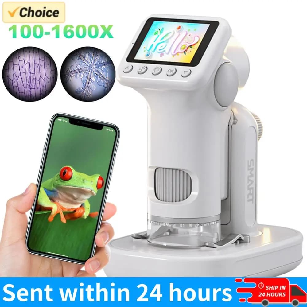 Microscopio per Bambini con Schermo da 2 Pollici, Lente d'Ingrandimento Portatile 100-1600X per Esperimenti Scientifici