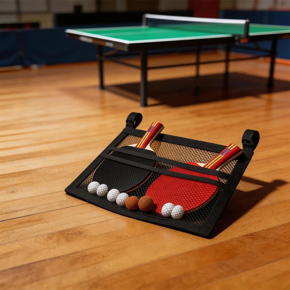 Borsa Compatta in Rete PVC per Attrezzatura da Ping Pong con Meccanismo di Sospensione e Funzione di Contenimento Interno delle Palline