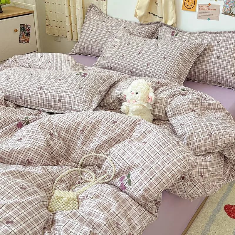 Set biancheria da letto viola ciliegia Ins Style Girl Twin Queen Size Copripiumino Lenzuolo piatto Federa Senza riempitivo Biancheria da letto per bambini Ragazze Ragazzi